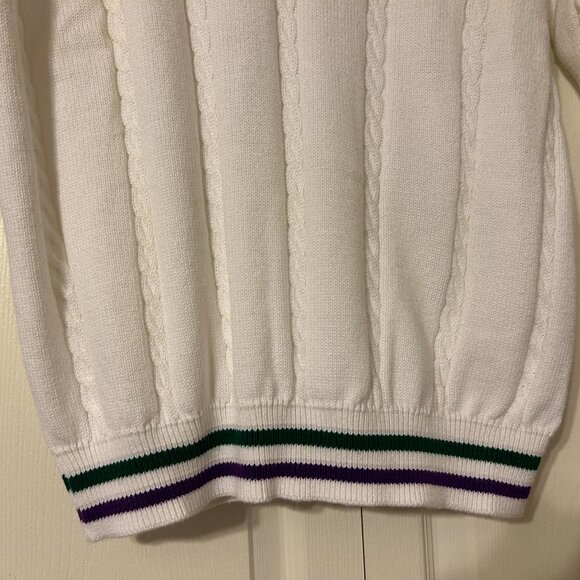 Mens WIMBLEDON Sz M White V-Neck Long Sleeve Cable Knit Tennis Sweater Top - Picture 4 of 8